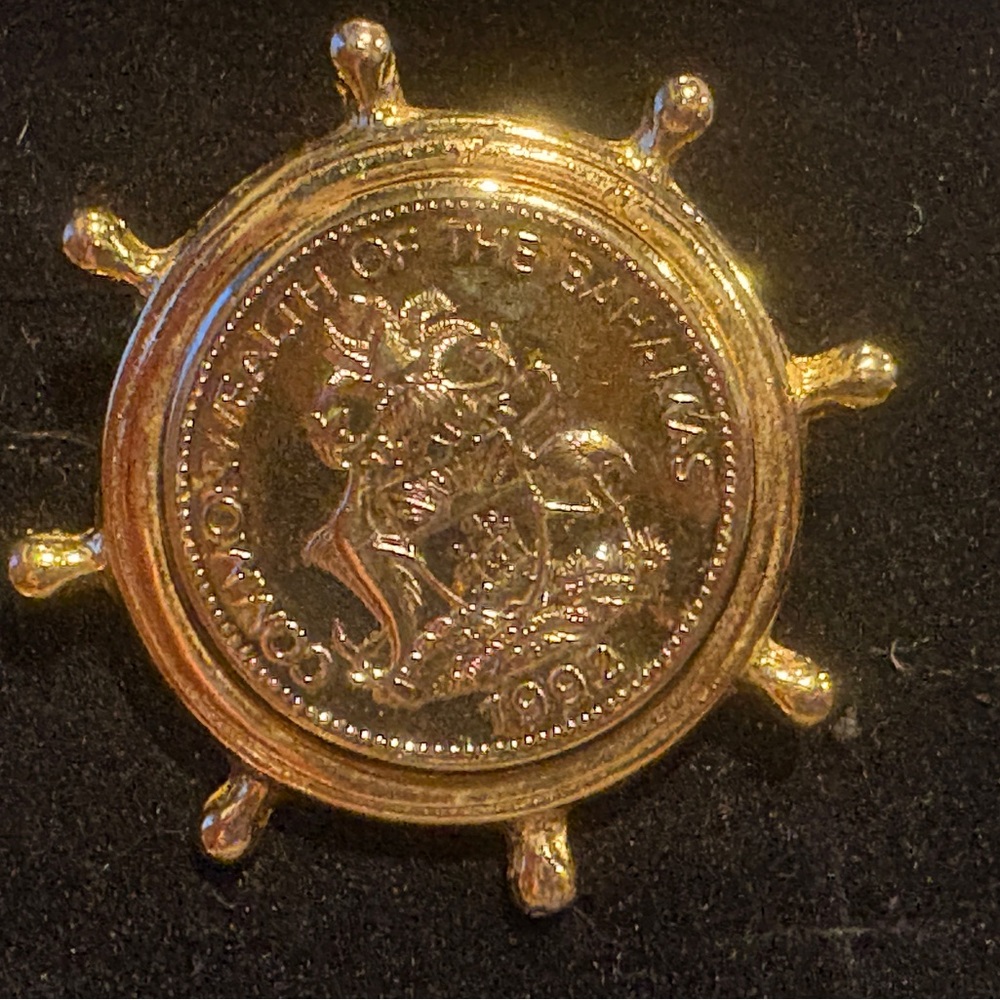 Vintage, Gold Commonwealth of the Bahamas Coin Lapel Pin or Brooch